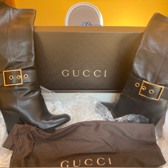 Gucci Calf Skin Gold Buckle Knee High Boots in Box - Picture 1 of 14